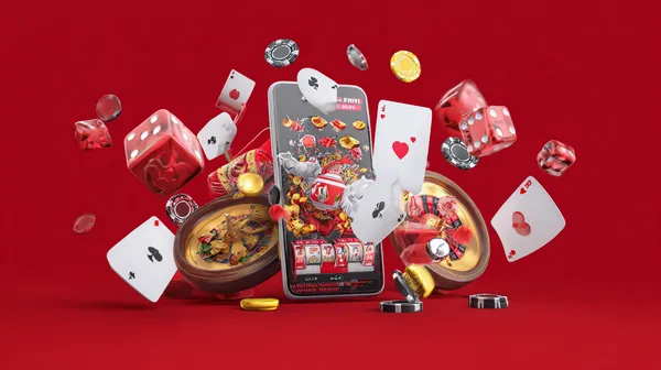 A woman smiling while playing online games on her laptop, surrounded by neon casino elements, showcasing CD44’s diverse game collection.