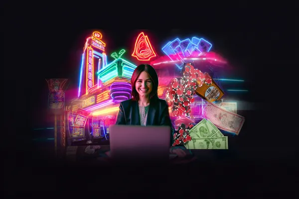 A woman in a luxurious green gown next to an ornate roulette wheel, capturing the upscale casino mood of CD44.
