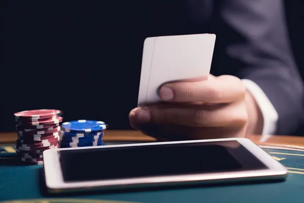 A confident dealer surrounded by casino chips inviting players to access their CD44 account, reflecting quick and easy login options.